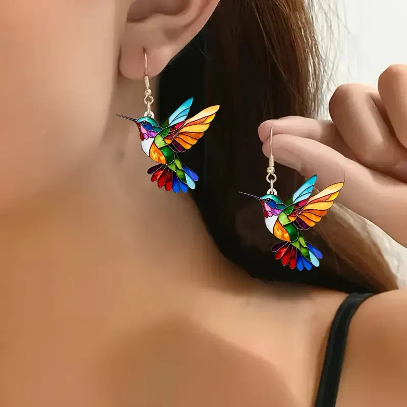 Pendientes de colibrí de colores | Oro blanco