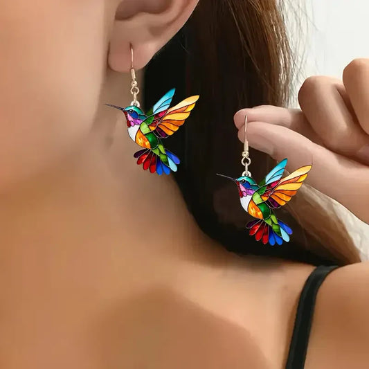 Pendientes de colibrí de colores | Oro blanco
