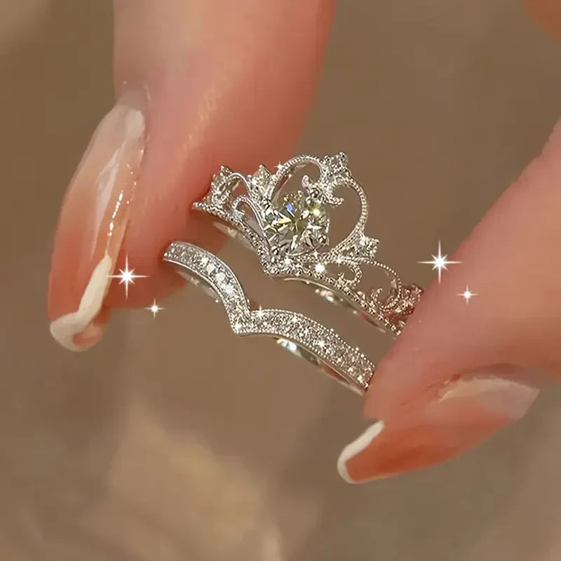 Conjunto de anillos «Shiny Crown» de plata | Oro blanco