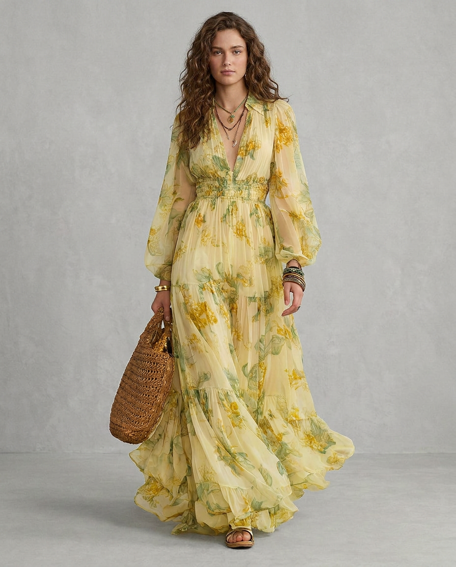 SOFIA | Vestido largo boho de gasa amarillo